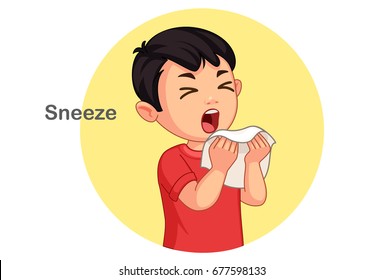 Cute boy sneezing vector illustration