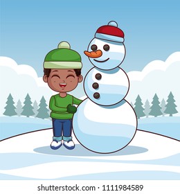 Cute boy with snowman
