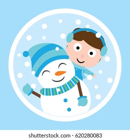 Cute boy and snowman on circle frame vector carton for Xmas postcard, wallpaper, greeting card, vector illustration
