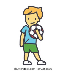 Cute boy with soccer ball, young football player concept. Line vector icon. Editable stroke. Flat linear illustration isolated on white background