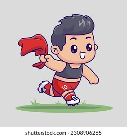 Cute Boy Soccer Celebration Win Indonesia Champion Cartoon Vector Icon Illustration. People Sport Icon Concept Isolated Premium Vector. Flat Cartoon Style