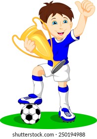 cute boy soccer player holding gold trophy