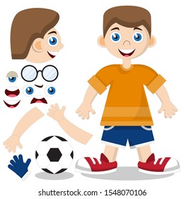 Cute boy soccer player. A set of elements. Isolated on white background. Vector illustration.