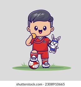 Cute Boy Soccer Win Holding Medal Gold And Rabbit Doll Cartoon Vector Icon Illustration. People Sport Icon Concept Isolated Premium Vector. Flat Cartoon Style