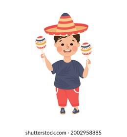 Cute Boy in Sombrero Hat Playing Maracas, Adorable Kid Leisure Activity Concept Cartoon Vector Illustration