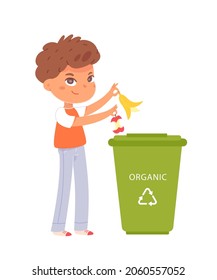 Cute boy sorting organic garbage in trash bin vector illustration. Cartoon child character holding aple and pear cores, throwing garbage in dustbin container to save ecology environment