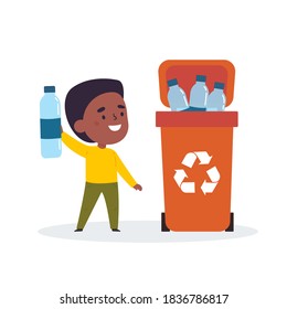 Cute boy sorting trash and garbage for recycling. The boy found the proper container for plastic waste. Eco and environment friendly eduction. Vector illustration in flat style