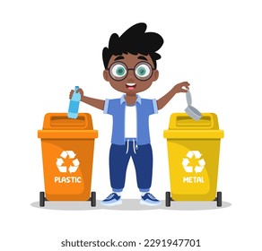 Cute boy sorts garbage, plastic and metal