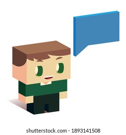 niño lindo con burbuja de voz, ilustración vectorial de diseño isométrico