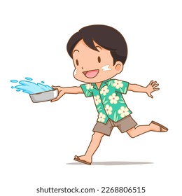 Cute boy splashing water with water bowl in Songkran festival.