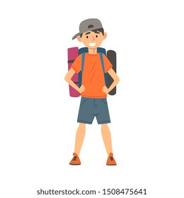 Cute Boy Standing with Backpack, Kid Travelling on Vacation Vector Illustration