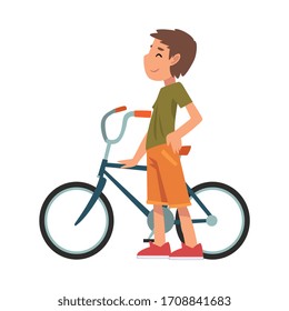 Cute Boy Standing with Bike, Side View, Summer Outdoor Activity Cartoon Vector Illustration