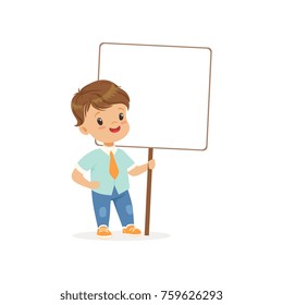 Cute boy standing with blank signboard, kid holding placard vector Illustration