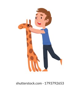 Cute Boy Standing with Giraffe, Adorable Kid Playing with Favorite Toy Cartoon Vector Illustration on White Background