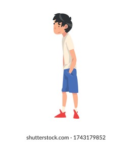 Niño con las manos en los bolsillos, niño pasando tiempo en la ilusión del vector de dibujos animados de la esperanza