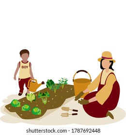 Cute boy is standing holding hatching water can,gardening with young mum ,who Wearing bibs set, long sleeve shirt and hat, sitting kneeling ,plantings vegetables in the garden,vector flat design 