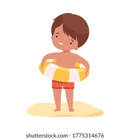 Cute Boy Standing with Inflatable Lifebuoy, Kids Summer Activities, Adorable Child Having Fun on Beach on Holidays Cartoon Vector Illustration