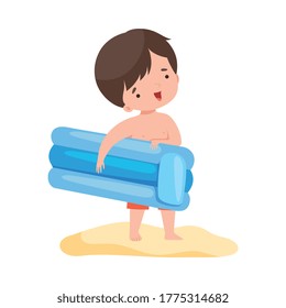 Cute Boy Standing with Inflatable Mattress, Kids Summer Activities, Adorable Child Having Fun on Beach on Holidays Cartoon Vector Illustration