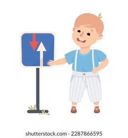 Cute Boy Standing Near Two Way Traffic Sign on Pole Learning Rules of Road Vector Illustration