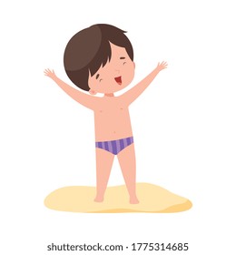 Cute Boy Standing on the Beach, Kids Summer Activities, Adorable Child Having Fun on Holidays Cartoon Vector Illustration
