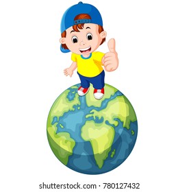 cute boy standing on the world and giving you thumbs up