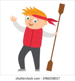 Cute boy standing with paddle and hands up. Happy kid ready for rafting or kayaking. Vector summer camp illustration. Camping character. Woodland travel tourist icon. Great for banners and cards
