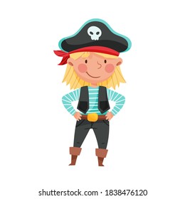 Cute Boy Standing in Pirate Costume and Hat with Skull Vector Illustration