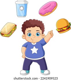 A cute boy standing and pointing many junk food of illustration