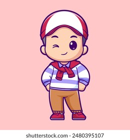 Cute Boy Standing With Pose Cartoon Vector Icon Illustration. People Fashion Icon Concept Isolated Premium Vector. Flat Cartoon Style