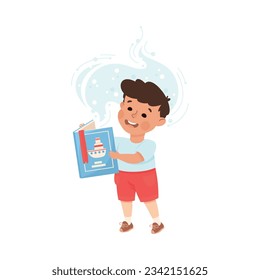 Cute Boy Standing Reading Open Book and Dreaming Vector Illustration