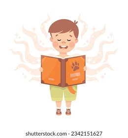 Cute Boy Standing Reading Open Book and Dreaming Vector Illustration
