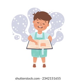 Cute Boy steht und liest Open Book und Dreaming Vektor Illustration