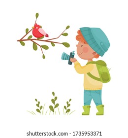 Cute Boy Standing and Taking Photo of Bird Vector Illustration