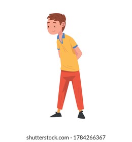 Cute Boy Standing in Thoughtful Pose with Hands Folded Behind his Back Cartoon Vector Illustration