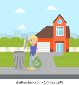 Cute Boy Standing with Trash Bag Near Garbage Container, Boy Throwing Garbage into Trash Bin, Child Doing Household Chores Vector Illustration