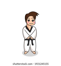 Cute Boy standing use Taekwondo Karate outfit. For taewondo karate sport content. Flat design flat cartoon isolated on white.