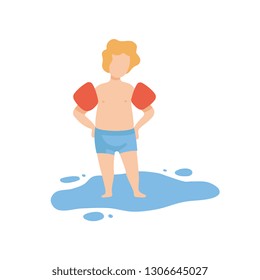 Cute Boy Standing in Water Wearing Inflatable Armbands, Kid Having Fun on Beach on Summer Holidays Vector Illustration