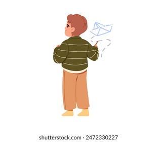 Cute boy stands and drawing on the wall back view. Creative kid painting paper boat with chalk. Happy child creates doodle art with crayons. Flat isolated vector illustration on white background