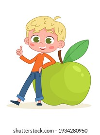 A cute boy stands near an apple. Child with fruits. Vector illustration. Isolated on a white background.