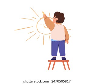 Niño lindo se para en el taburete para llegar y dibujar en la pared vista posterior. Niño creativo pintando sol con tiza. El niño sostiene el crayón en la mano, crea el arte del garabato. Ilustración vectorial aislada plana en blanco