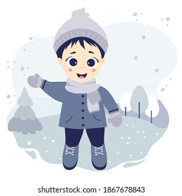 A cute boy stands and waves his hand on a background with a winter landscape, trees and snow. Vector illustration. Childrens collection For design, postcards, posters and print, design and decor