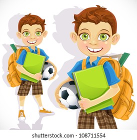 Cute boy student with a backpack and a textbook