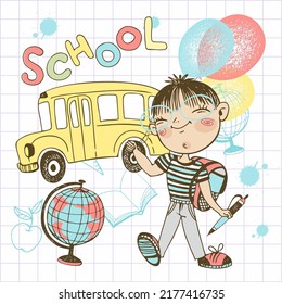 A cute boy student with balloons and a backpack goes to school. Back to school. The school bus. Vector