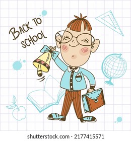 Ein süßer Jungenschüler mit einer Glocke und einer Aktentasche geht zur Schule. Zurück zur Schule.  Vektorgrafik