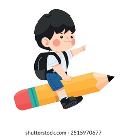 Cute boy student flying on Pencil back to school