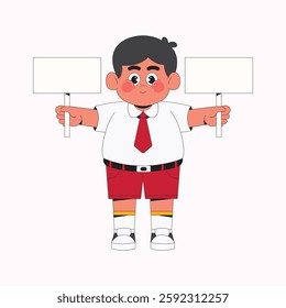 Cute boy student holding blank sign cartoon character illustration