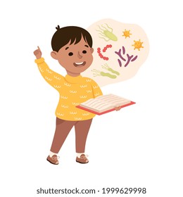 Cute Boy Student Reading Book about Germs, Kids Education Concept Cartoon Vector Illustration