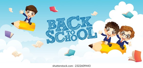 Alumnos de niños pequeños que vuelan con lápiz, de vuelta a la escuela, educación, impresión, arte, doodle, ilustración vectorial (vector)