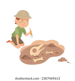 Cute boy study archeology vector illustration. Cartoon scene with little archaeologist character exploring dinosaur bones in soil, kid paleontologist playing, holding brush.