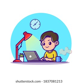 Cute Boy Study With Laptop Cartoon Vector Icon Illustration. Education Technology Icon Concept Isolated Premium Vector. Flat Cartoon Style